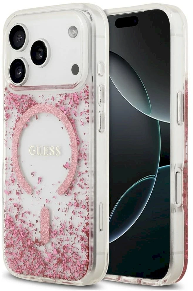 Dėklas Guess Resin Bottom Glitter MagSafe Case for iPhone 18 Pro / 17 Pro - Rožinė