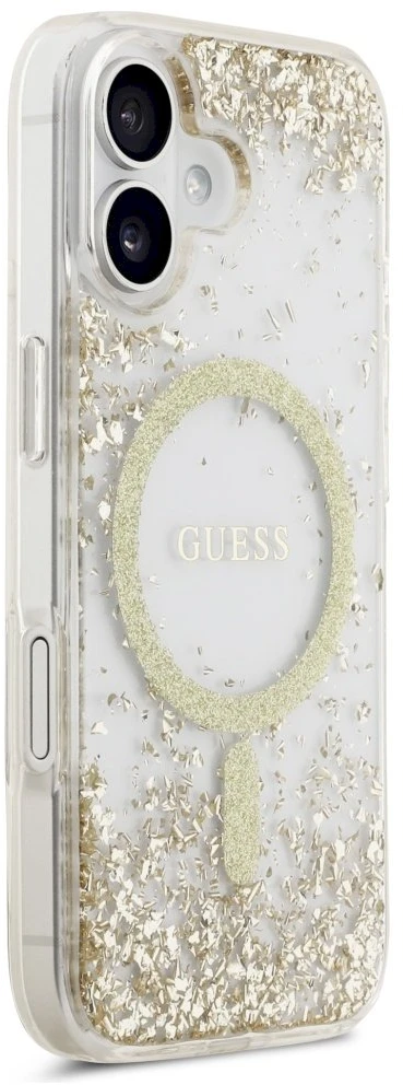 Original dėklas GUESS Resin Bottom Glitter MagSafe skirtas Apple iPhone 17 aukso spalvos