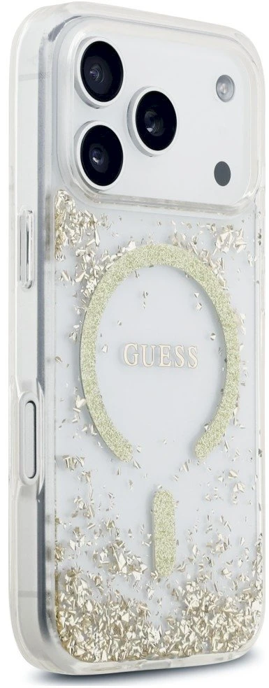 Dėklas Guess Resin Bottom Glitter MagSafe Case, skirta iPhone 18 Pro / 17 Pro - auksinė