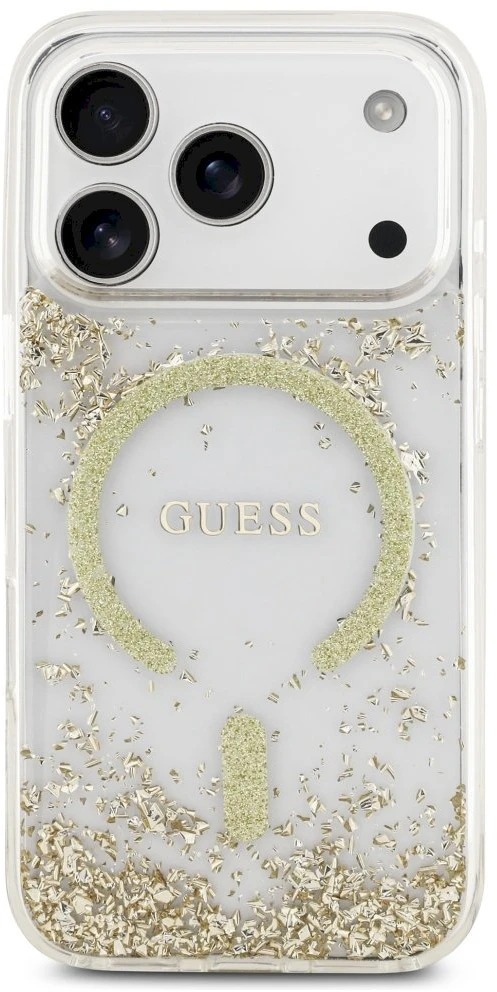 Guess Resin Bottom Glitter MagSafe dėklas Apple iPhone 17 Pro aukso spalvos