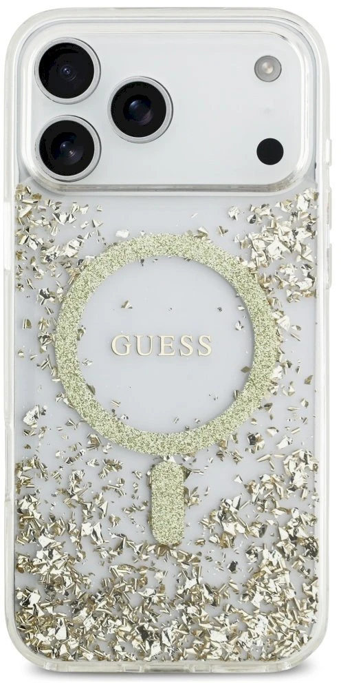 Guess Resin Bottom Glitter MagSafe dėklas Apple iPhone 17 Pro Max aukso spalvos
