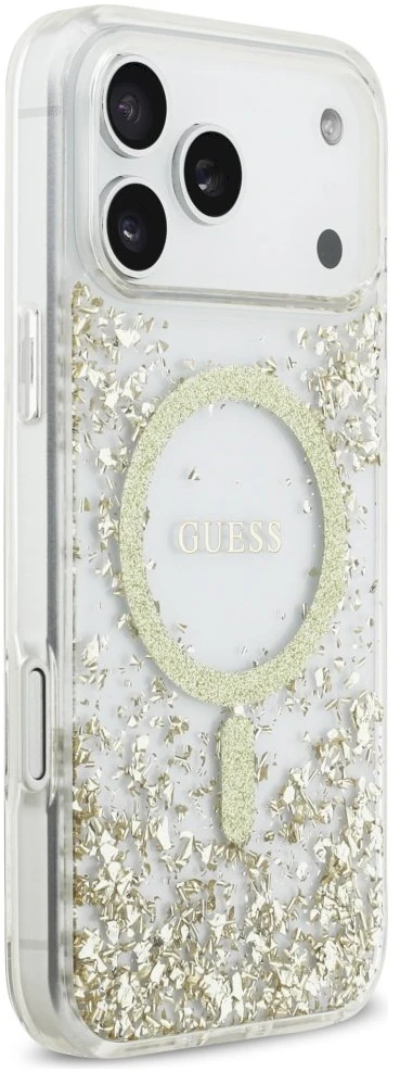 Guess Resin Bottom Glitter MagSafe dėklas Apple iPhone 17 Pro Max aukso spalvos