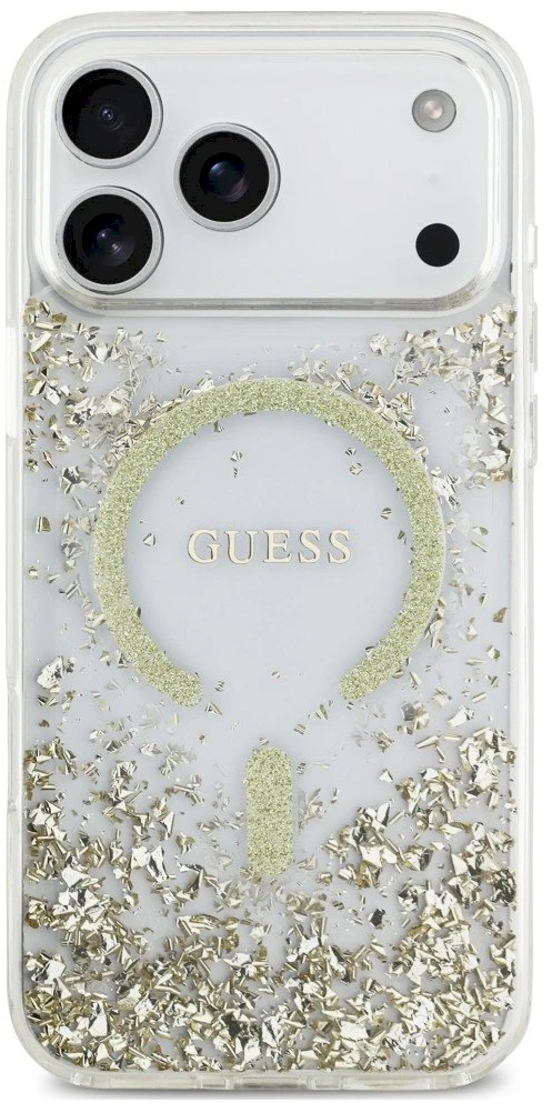 Dėklas Guess Resin Bottom Glitter MagSafe Case for iPhone 18 Pro Max / 17 Pro Max - Gold