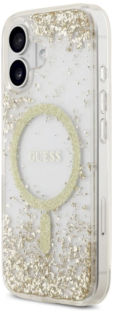 Original dėklas GUESS Resin Bottom Glitter MagSafe skirtas Apple iPhone 17 aukso spalvos