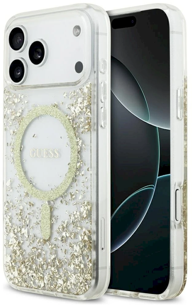 Guess Resin Bottom Glitter MagSafe dėklas Apple iPhone 17 Pro Max aukso spalvos