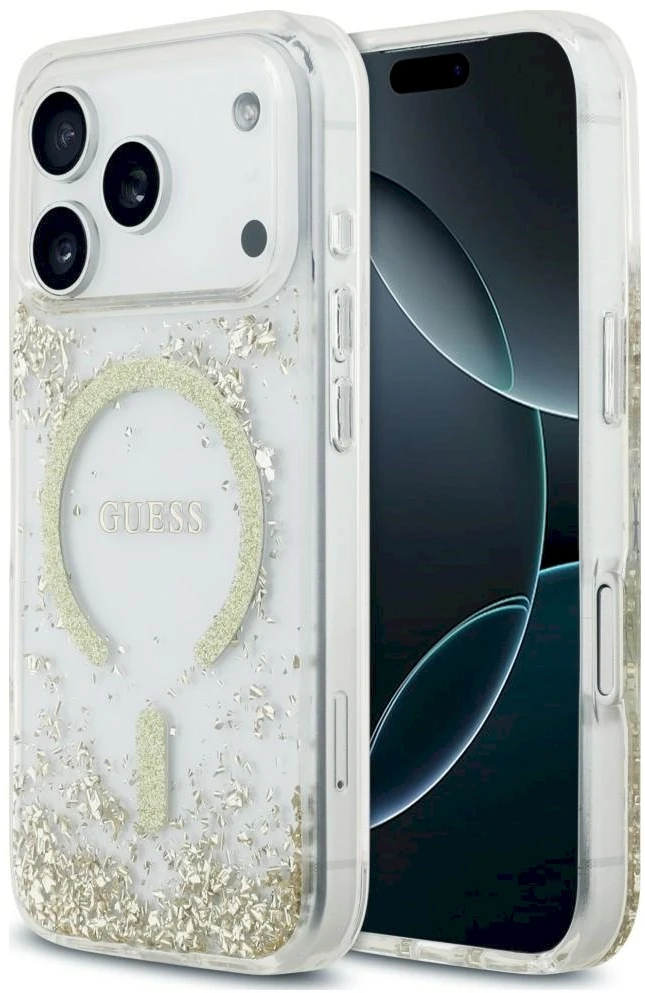 Dėklas Guess Resin Bottom Glitter MagSafe Case, skirta iPhone 18 Pro / 17 Pro - auksinė