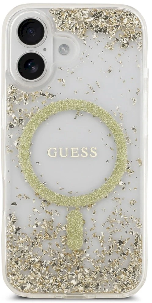Original dėklas GUESS Resin Bottom Glitter MagSafe skirtas Apple iPhone 17 aukso spalvos