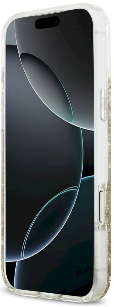 Guess Resin Bottom Glitter MagSafe dėklas Apple iPhone 17 Pro Max aukso spalvos