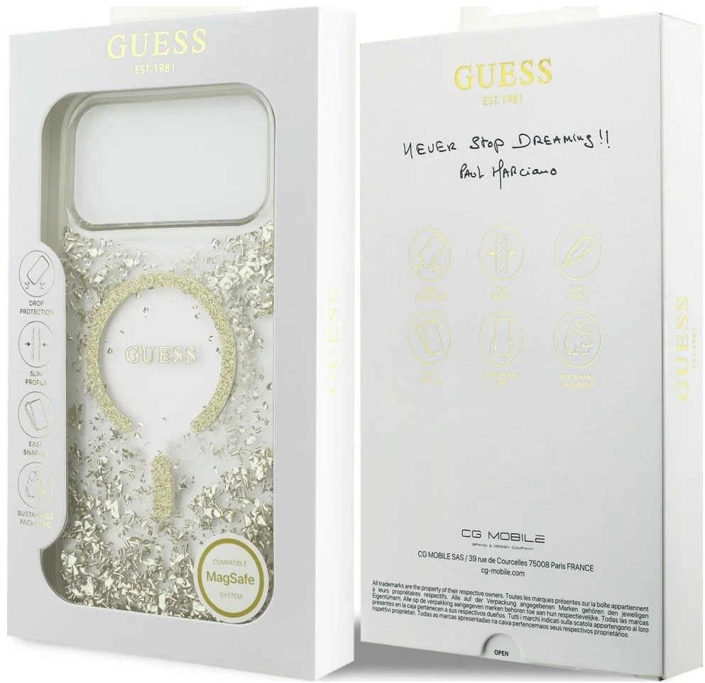 Dėklas Guess Resin Bottom Glitter MagSafe Case for iPhone 18 Pro Max / 17 Pro Max - Gold