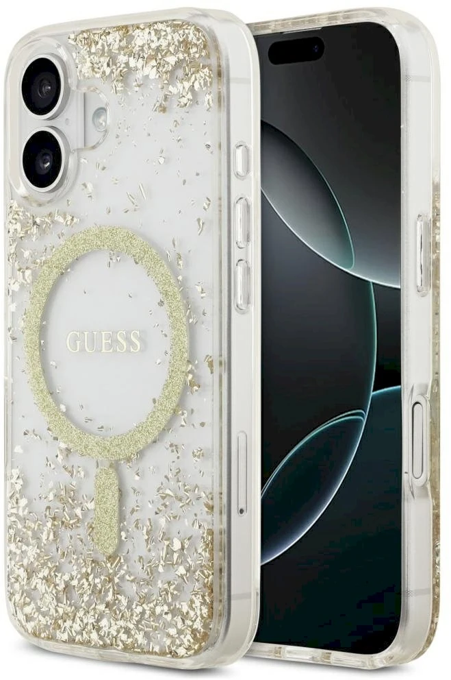 Original dėklas GUESS Resin Bottom Glitter MagSafe skirtas Apple iPhone 17 aukso spalvos