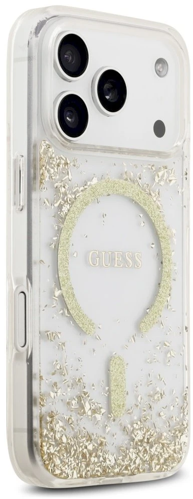 Guess Resin Bottom Glitter MagSafe dėklas Apple iPhone 17 Pro aukso spalvos