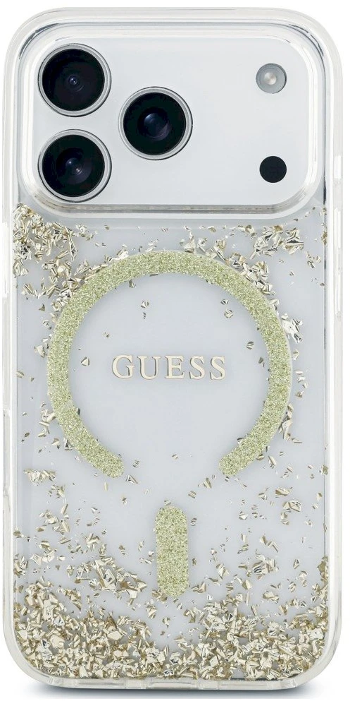 Dėklas Guess Resin Bottom Glitter MagSafe Case, skirta iPhone 18 Pro / 17 Pro - auksinė