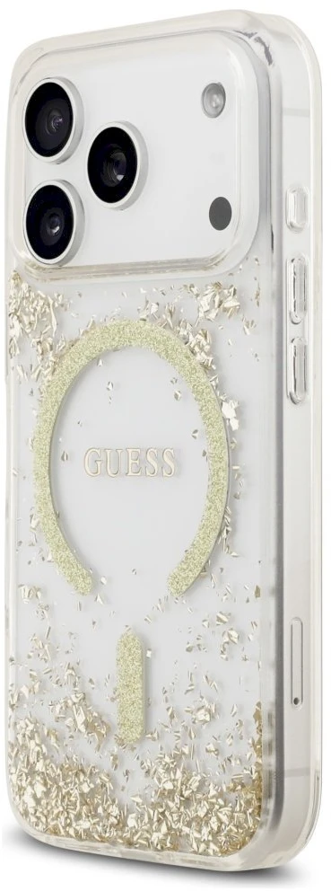 Guess Resin Bottom Glitter MagSafe dėklas Apple iPhone 17 Pro aukso spalvos