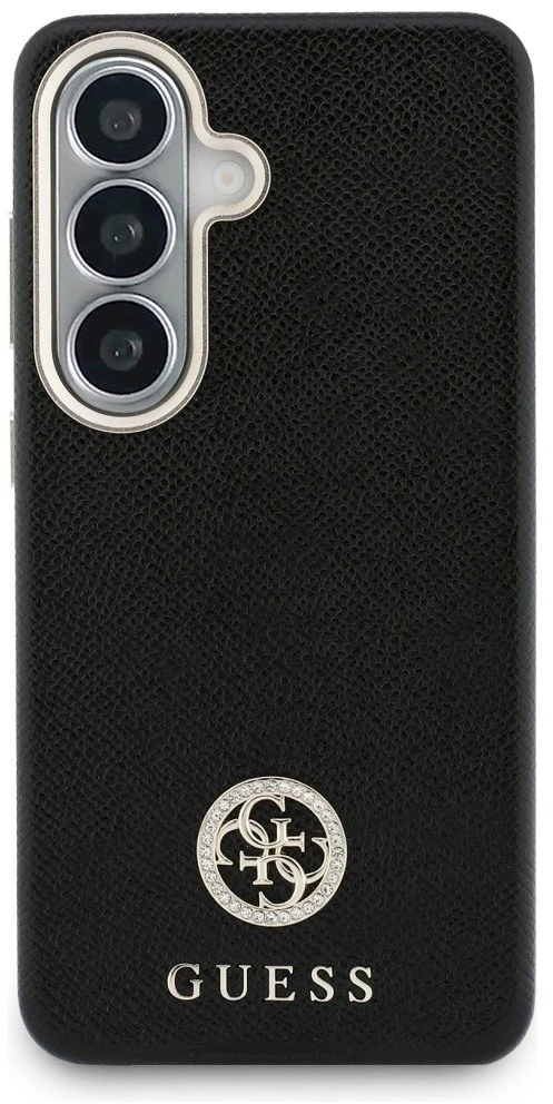 Guess „MagSafe“ dėklas, skirtas „Samsung Galaxy S26+“, su apvaliu, juodu cirkonio akmenėliu ir apvaliu logotipu
