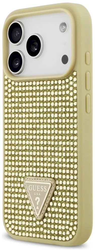 Dėklas Guess Rhinestone Triangle Logo skirtas Apple iPhone 17 Pro aukso spalvos