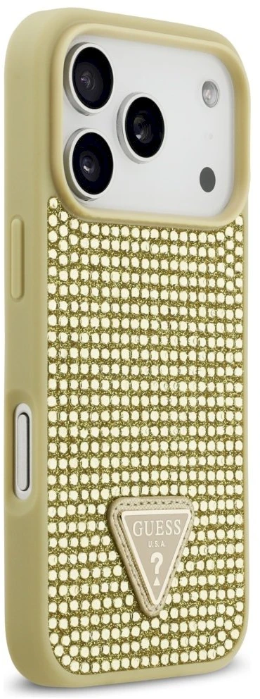 Dėklas Guess Rhinestone Triangle Logo skirtas Apple iPhone 17 Pro aukso spalvos