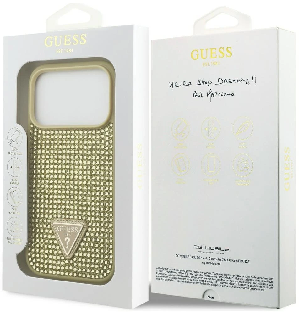 Dėklas Guess Rhinestone Triangle Logo skirtas Apple iPhone 17 Pro aukso spalvos