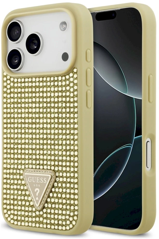Dėklas Guess Rhinestone Triangle Logo skirtas Apple iPhone 17 Pro aukso spalvos