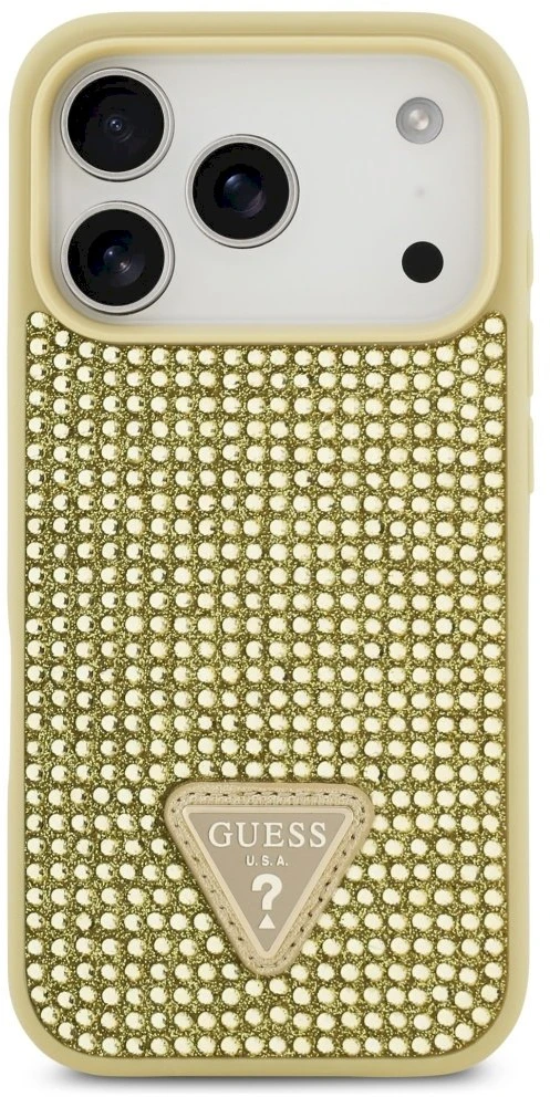 Dėklas Guess Rhinestone Triangle Logo skirtas Apple iPhone 17 Pro aukso spalvos