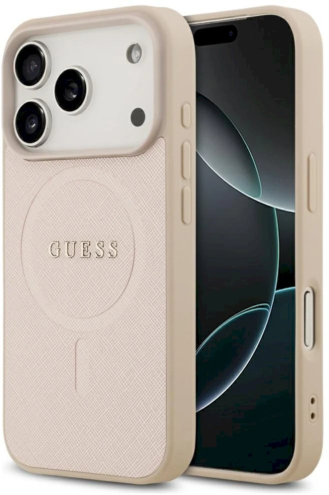 Guess Saffiano Classic Logo MagSafe dėklas skirtas Apple iPhone 17 Pro rožinės spalvos