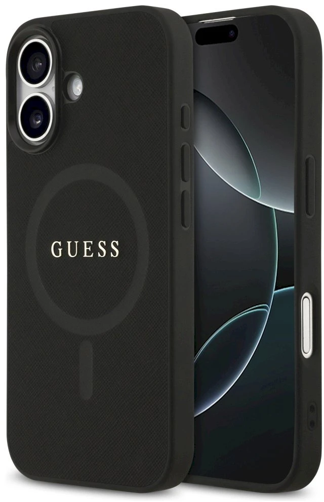 Guess Saffiano Classic Logo MagSafe dėklas Apple iPhone 17 juodos spalvos