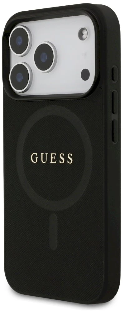 Guess Saffiano Classic Logo MagSafe dėklas Apple iPhone 17 Pro juodos spalvos
