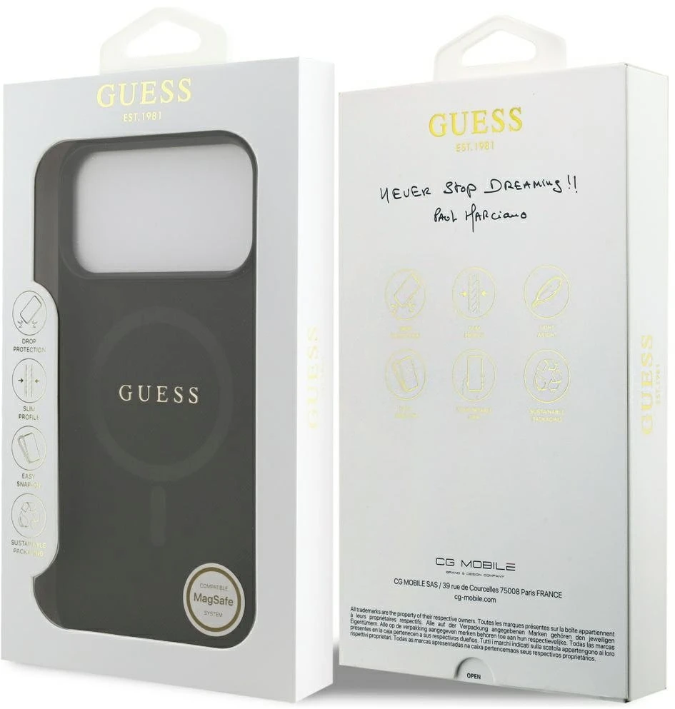 Guess Saffiano Classic Logo MagSafe dėklas Apple iPhone 17 Pro Max juodos spalvos