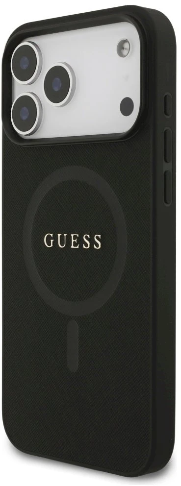 Guess Saffiano Classic Logo MagSafe dėklas Apple iPhone 17 Pro Max juodos spalvos