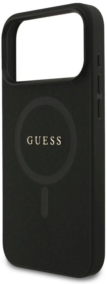 Guess Saffiano Classic Logo MagSafe dėklas Apple iPhone 17 Pro Max juodos spalvos