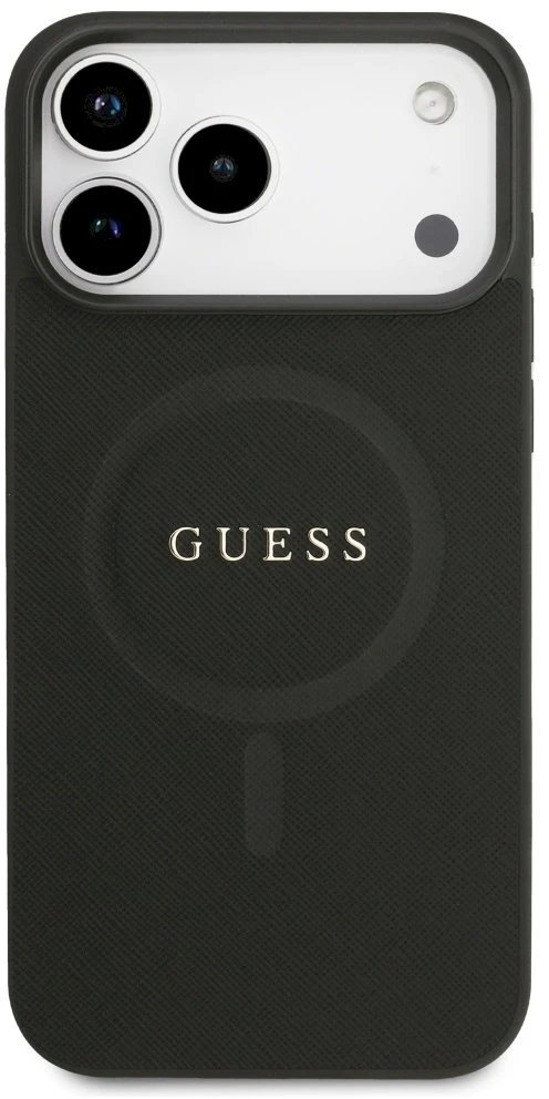 Guess Saffiano Classic Logo MagSafe dėklas Apple iPhone 17 Pro Max juodos spalvos