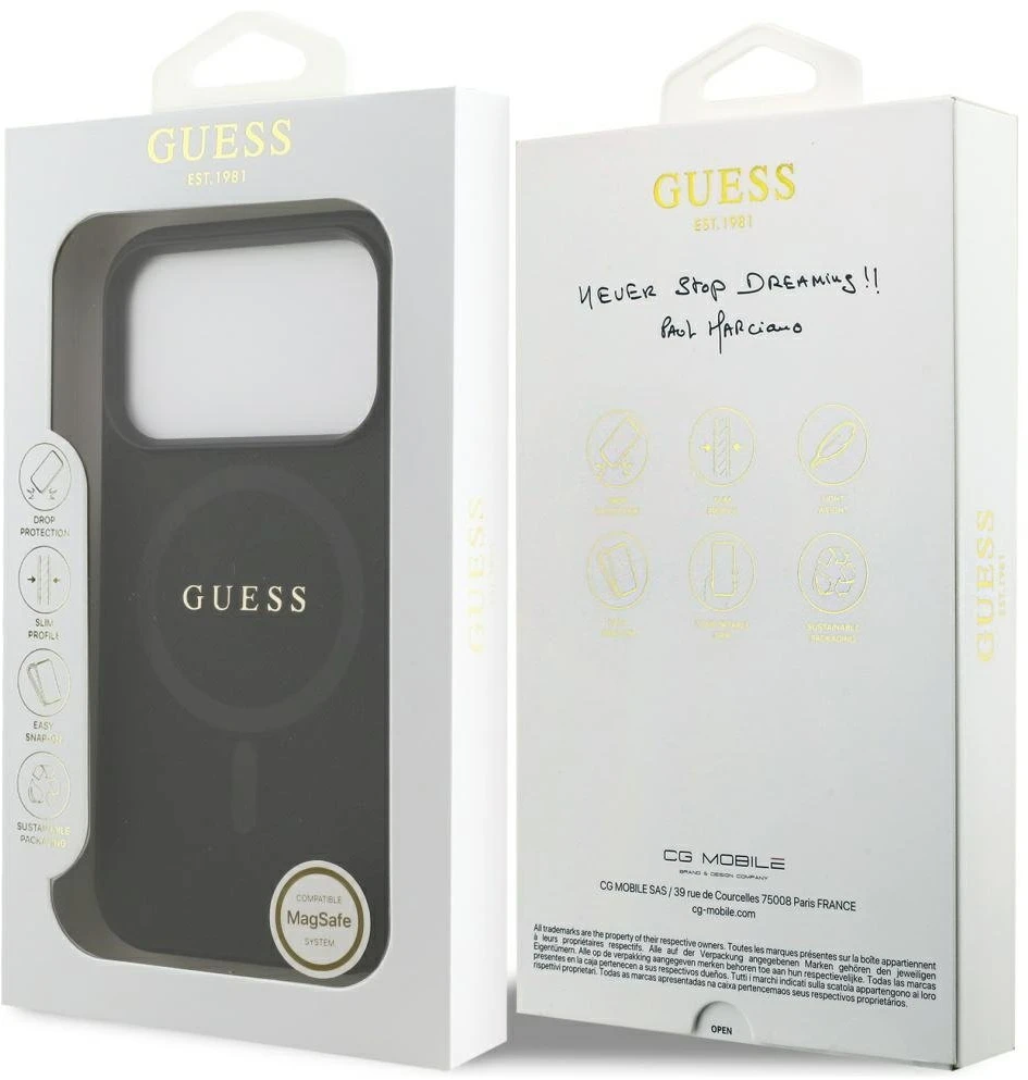 Guess Saffiano Classic Logo MagSafe dėklas Apple iPhone 17 Pro juodos spalvos