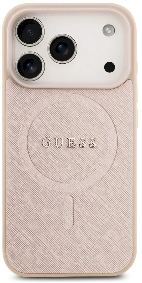 Guess Saffiano Classic Logo MagSafe dėklas skirtas Apple iPhone 17 Pro rožinės spalvos