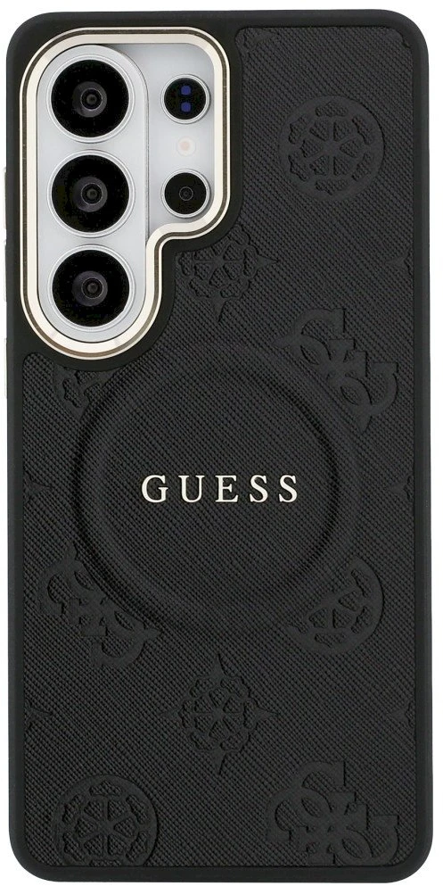 Dėklas Guess Saffiano Peony Embossed Ring MagSafe Samsung Galaxy S26 Ultra juodos spalvos