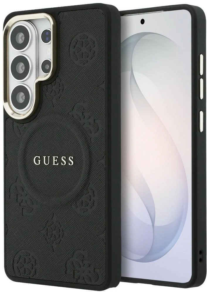 Dėklas Guess Saffiano Peony Embossed Ring MagSafe Samsung Galaxy S26 Ultra juodos spalvos