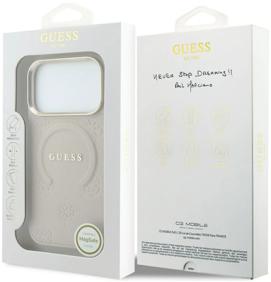 Guess Saffiano Peony & Ring MagSafe dėklas, skirtas iPhone 17 Pro / 18 Pro – rožinė