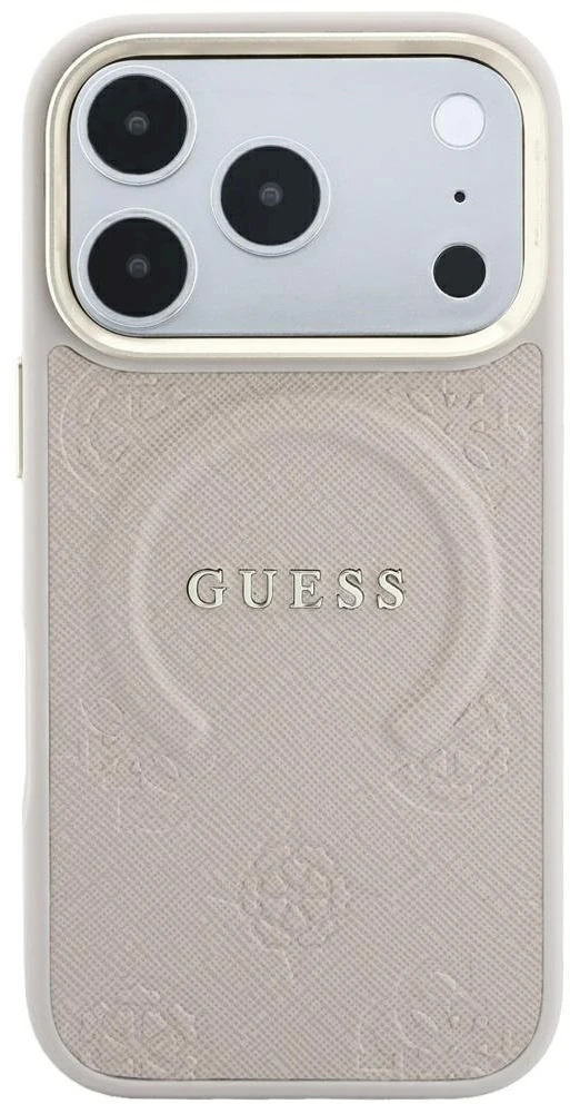 Guess Saffiano Peony & Ring MagSafe dėklas, skirtas iPhone 17 Pro / 18 Pro – rožinė
