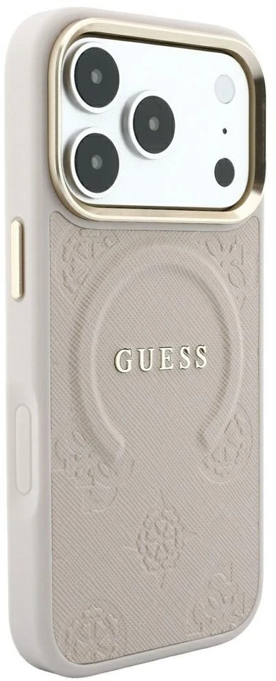 Guess Saffiano Peony & Ring MagSafe dėklas, skirtas iPhone 17 Pro / 18 Pro – rožinė