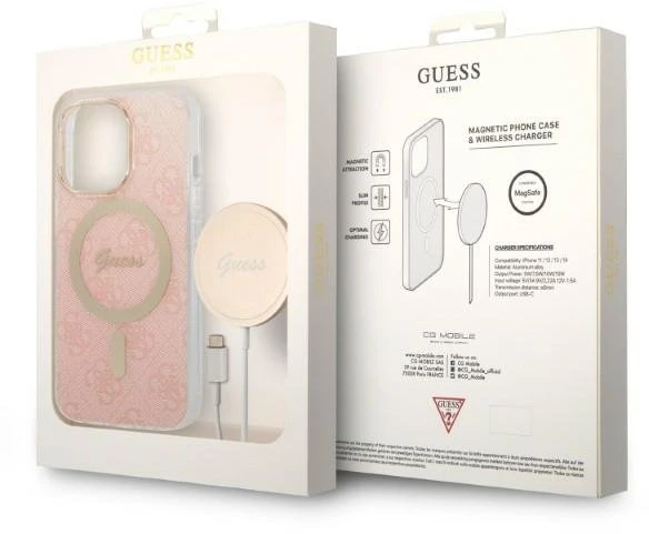 Guess Rinkinys GUBPP13LH4EACSP Dėklas+ Įkroviklis Apple iPhone 13 Pro rožinės spalvos kietas dėklas 4G Print MagSafe