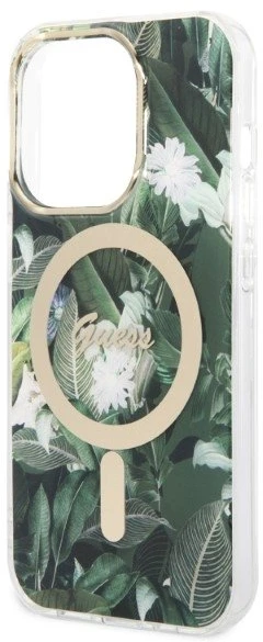Guess Rinkinys GUBPP14LHJEACSA Dėklas+Įkroviklis Apple iPhone 14 Pro 6,1″ žalias kietas dėklas Jungle MagSafe