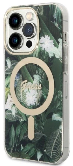 Guess Rinkinys GUBPP14LHJEACSA Dėklas+Įkroviklis Apple iPhone 14 Pro 6,1″ žalias kietas dėklas Jungle MagSafe