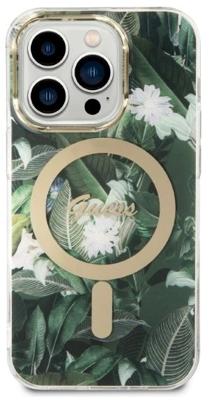 Guess Rinkinys GUBPP14LHJEACSA Dėklas+Įkroviklis Apple iPhone 14 Pro 6,1″ žalias kietas dėklas Jungle MagSafe