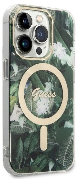 Guess Rinkinys GUBPP14LHJEACSA Dėklas+Įkroviklis Apple iPhone 14 Pro 6,1″ žalias kietas dėklas Jungle MagSafe