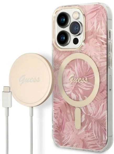 Rinkinys Guess GUBPP14LHJEACSP Case+ Charger Apple iPhone 14 Pro 6,1" dėklas telefonui rožinės spalvos hard case Jungle MagSafe