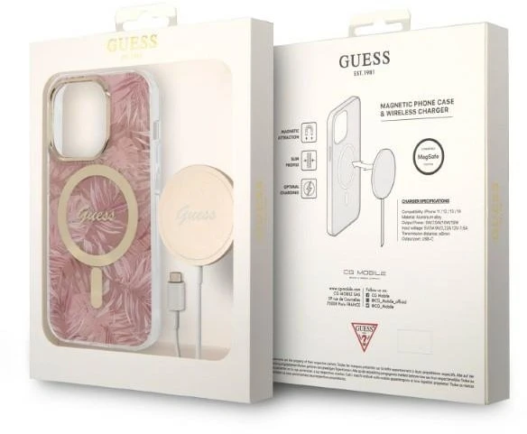 Rinkinys Guess GUBPP14LHJEACSP Case+ Charger Apple iPhone 14 Pro 6,1" dėklas telefonui rožinės spalvos hard case Jungle MagSafe