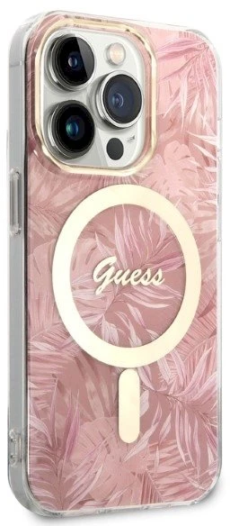 Rinkinys Guess GUBPP14LHJEACSP Case+ Charger Apple iPhone 14 Pro 6,1" dėklas telefonui rožinės spalvos hard case Jungle MagSafe