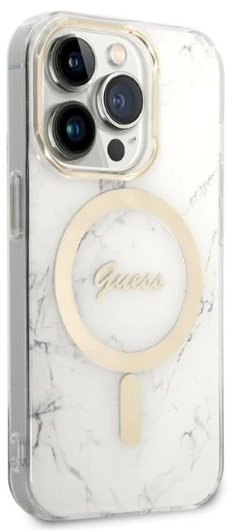 „Guess“ GUBPP14LHMEACSH dėklas + įkroviklis iPhone 14 Pro 6.1" baltas kietas dėklas su marmuru, „MagSafe“