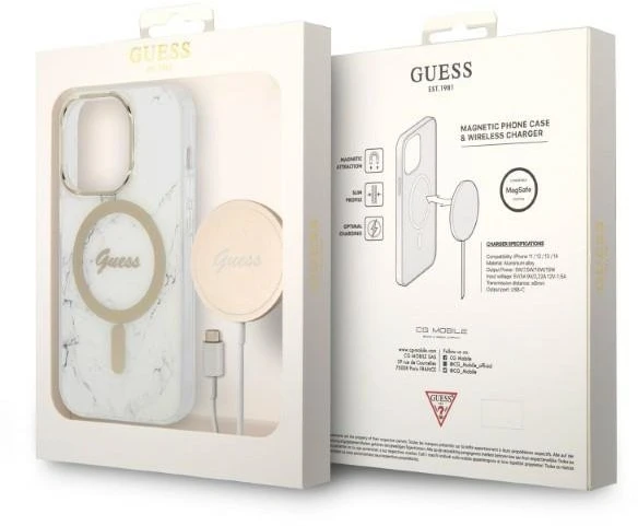 „Guess“ GUBPP14LHMEACSH dėklas + įkroviklis iPhone 14 Pro 6.1" baltas kietas dėklas su marmuru, „MagSafe“