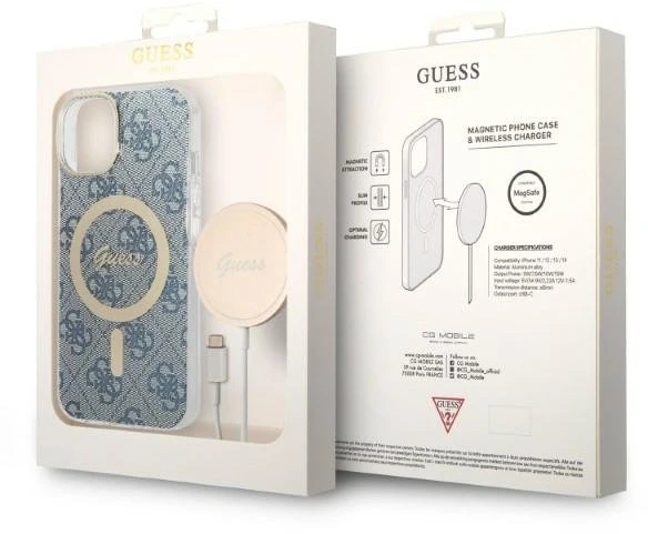Guess Rinkinys GUBPP14MH4EACSB Dėklas+ Įkroviklis Apple iPhone 14 Plus / 15 Plus 6.7″ mėlynas kietas dėklas 4G