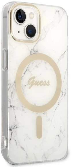Guess Rinkinys GUBPP14MHMEACSH Dėklas+Įkroviklis Apple iPhone 14 Plus / 15 Plus 6.7″ baltos spalvos kietas dėklas Marble