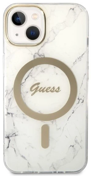 Guess Rinkinys GUBPP14MHMEACSH Dėklas+Įkroviklis Apple iPhone 14 Plus / 15 Plus 6.7″ baltos spalvos kietas dėklas Marble